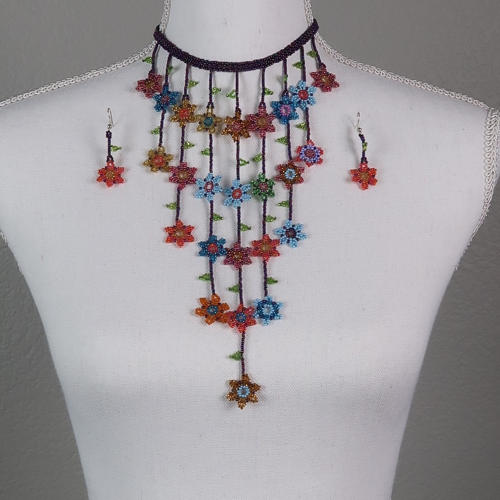 Handmade Multicolor Beaded Floral Fringe Necklace and Earring Set